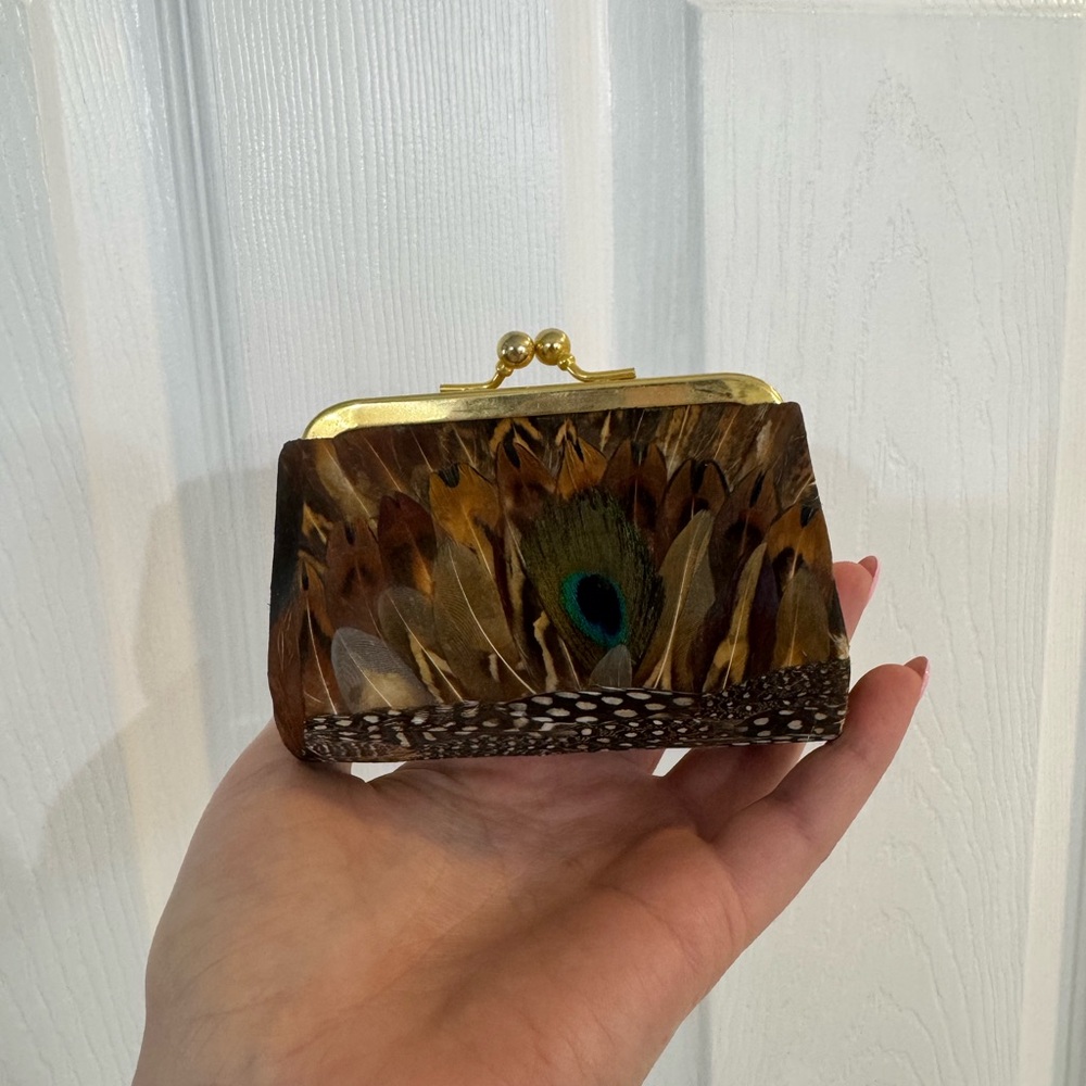 1960’s/1970’s Elegant Peacock feather Clutch with Gold Accents